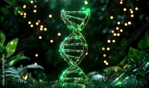 DNA helix symbolizing personalized medicine, intertwining genetic information with healthcare advancements, showcasing the future of tailored treatments.