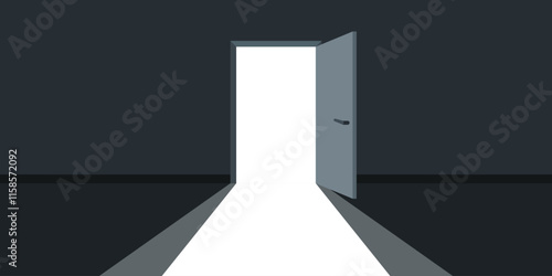 Open door with light icon in flat style. Dark room vector illustration on isolated background. Doorway entrance sign business concept.