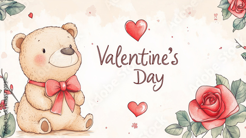Wallpaper Mural Walentynkowy baner z napisem „Valentine's Day”, otoczony motywami misia, róży i kokardki, tworzący ciepłą i przyjemną atmosferę. Torontodigital.ca