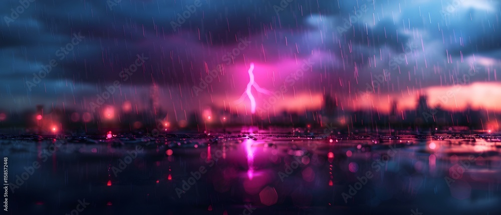 Fototapeta premium Dramatic Lightning Strikes Over Rainy Urban Landscape at Dusk with Vibrant Colors and Reflections on Wet Surface