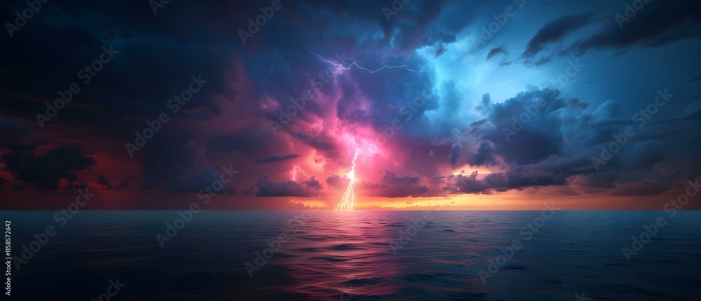 Dramatic Lightning Storm Over Calm Ocean Waters at Sunset with Vivid Colors and Dynamic Cloud Formation Dramatic Lightning Storm Over Calm Ocean Waters at Sunset with Vivid Colors and Dynamic Cloud Formation