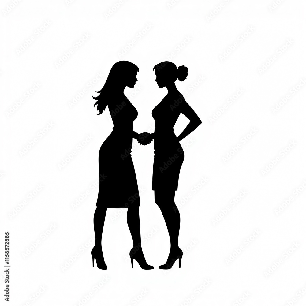 Silhouette of Two Businesswomen Shaking Hands: Partnership, Agreement, Success Silhouette of Two Businesswomen Shaking Hands: Partnership, Agreement, Success