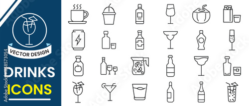 Drinks icon, vector set. Drinks line icon, symbol and sign. Coffee, tea, drinking, glass, soda, cocktail, bottle, mug, wine, beverage and more. Vector illustration.