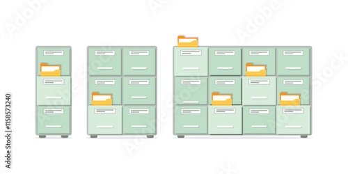 Office cabinet icon set in flat style. Furniture storage vector illustration on isolated background. Drawer sign business concept.