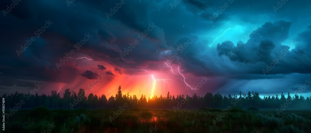 Fototapeta premium Dramatic Lightning Storm Over Tranquil Wilderness at Dusk with Colorful Sky and Reflections in Still Water