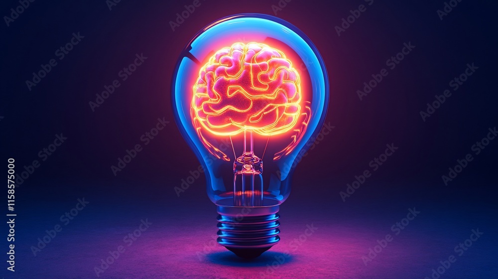 Glowing brain inside a lightbulb; idea concept. Glowing brain inside a lightbulb; idea concept.