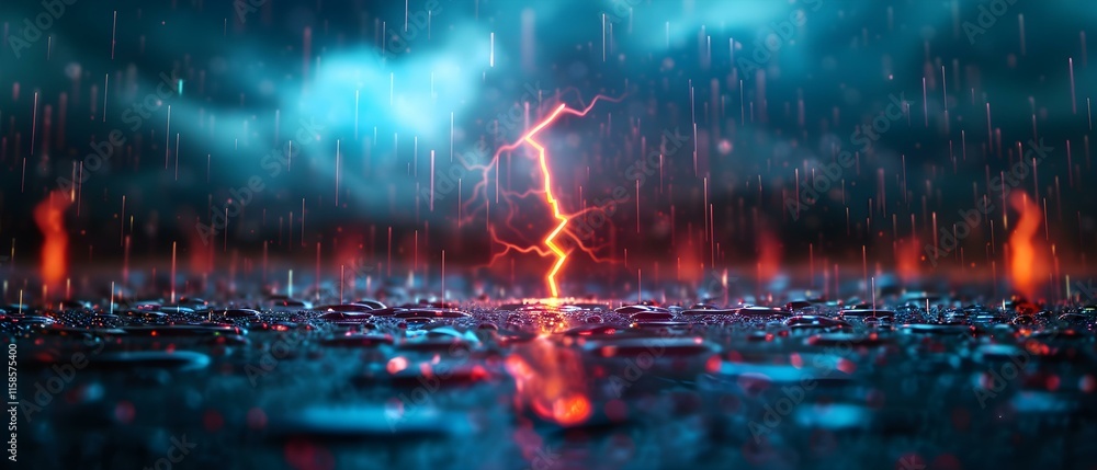 Fototapeta premium Dramatic Lightning Strike Illuminates Rainy Night Sky with Raindrops on the Ground in a Stunning Natural Setting