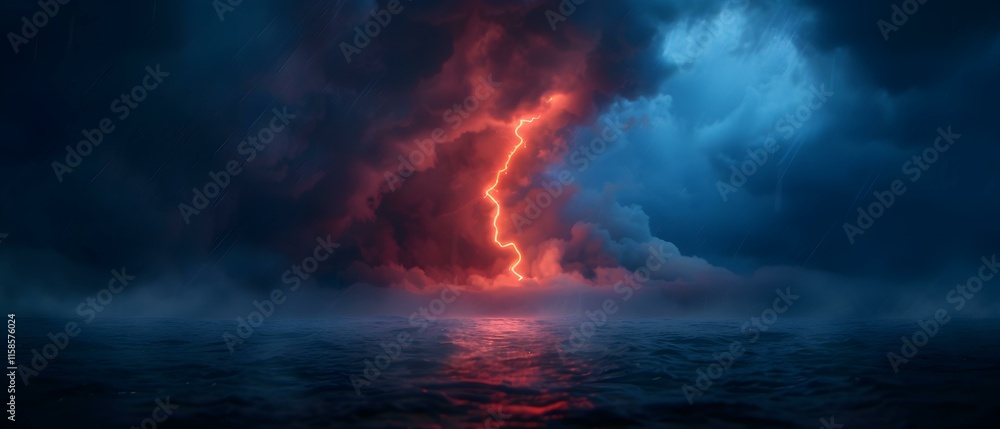 Dramatic Lightning Strike Illuminating Dark Storm Clouds Over Tranquil Ocean Waters at Dusk Dramatic Lightning Strike Illuminating Dark Storm Clouds Over Tranquil Ocean Waters at Dusk