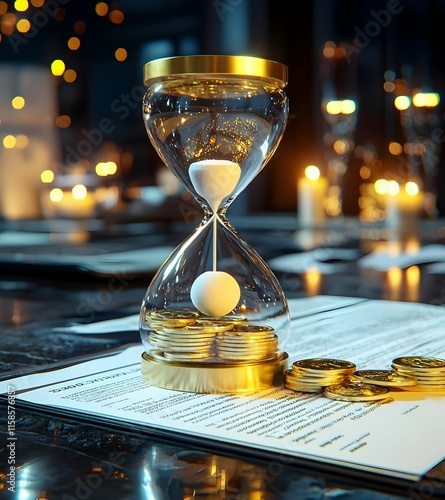 Time and Wealth, an hourglass filled with coins resting on financial documents, symbolizes the relationship between time management and financial success