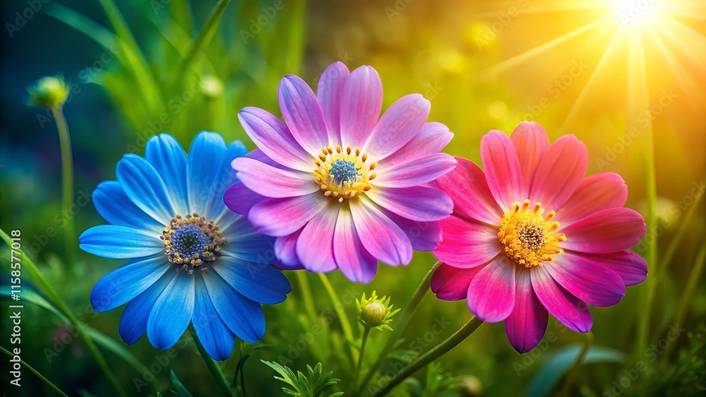 Fototapeta premium Aerial View of Three Pink and Blue Flowers in a Field - Stunning Nature Photography