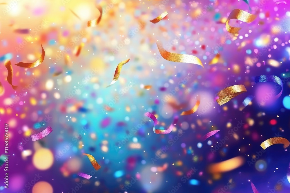 Vibrant confetti, ribbons floating, colorful celebration with bokeh lights. Joyous moments of New Year's Eve or birthday. Watercolor style. Vibrant confetti, ribbons floating, colorful celebration with bokeh lights. Joyous moments of New Year's Eve or birthday. Watercolor style.