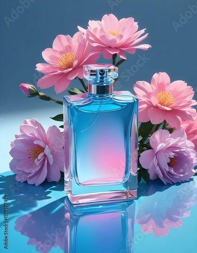 Minimal perfume bottle and flowers all over the set, top light on top of a backaround with water, saturation color scheme, bright light glass refraction, motled shading, studo lighfing, contrast high  photo