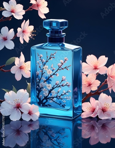 Minimal perfume bottle and flowers all over the set, top light on top of a backaround with water, saturation color scheme, bright light glass refraction, motled shading, studo lighfing, contrast high  photo