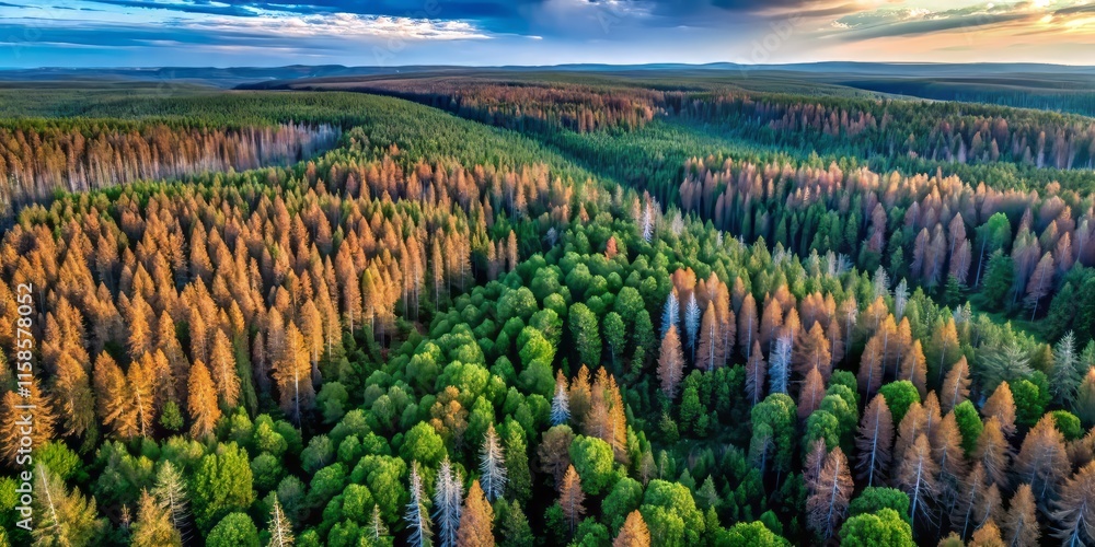 Fototapeta premium Aerial Wide-Angle View: Silkworm Infestation in Coniferous Forest - Devastated Pine Trees Drone Photography