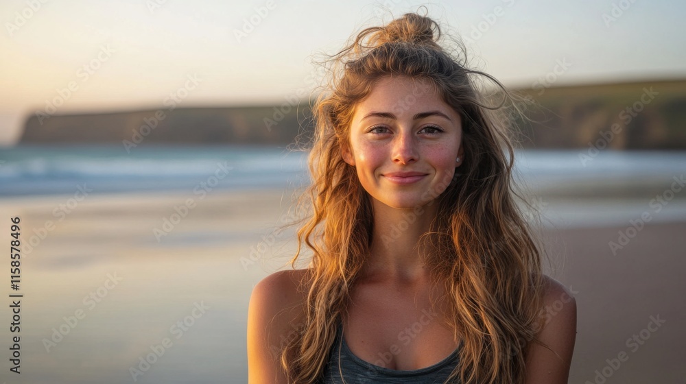 A young woman smiles joyfully on a serene beach at sunset. Her long, wavy hair catches the light beautifully. This image captures peace and happiness. Generative AI A young woman smiles joyfully on a serene beach at sunset. Her long, wavy hair catches the light beautifully. This image captures peace and happiness. Generative AI