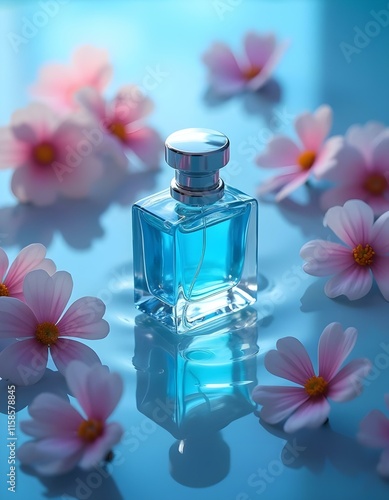 Minimal perfume bottle and flowers all over the set, top light on top of a backaround with water, saturation color scheme, bright light glass refraction, motled shading, studo lighfing, contrast high  photo