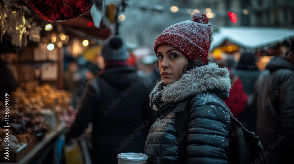 A woman stands in a bustling market. She holds a cup in her hand while observing the vibrant scene around her. The atmosphere is lively and warm. Generative AI A woman stands in a bustling market. She holds a cup in her hand while observing the vibrant scene around her. The atmosphere is lively and warm. Generative AI