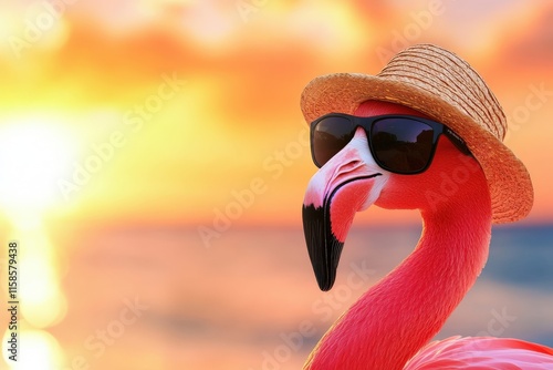 Flamingo Relaxing at Sunset Beach Tropical Vibes Nature Coastal Close-Up photo