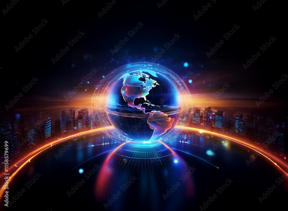 Obraz premium A vibrant, futuristic depiction of Earth encircled by glowing rings, set against a backdrop of a futuristic cityscape. The planet is detailed, with a focus on North and South America. The overall eff