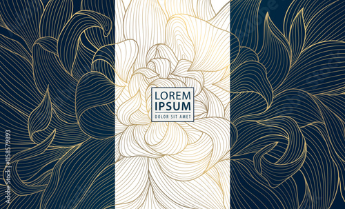 Vector set of line flower patterns, art deco floral textures, leaves plant ornaments. Wine, beauty product package, luxury fancy labels