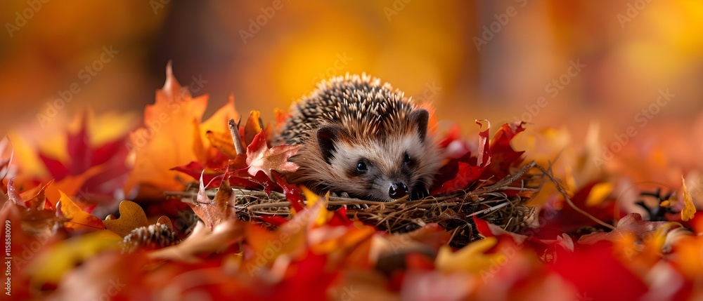 Obraz premium Hedgehog Resting on Colorful Autumn Leaves in a Natural Outdoor Setting with Warm Light and Soft Focus Background