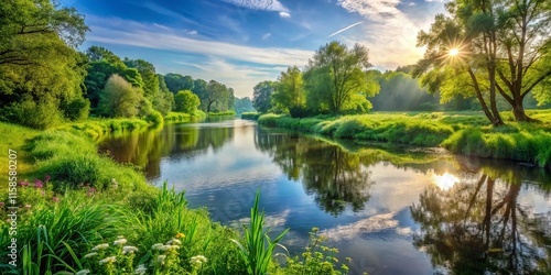 Lush River Landscape: Serene Green Riverbank, Medium Shot Photography