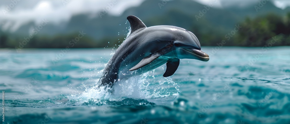 Fototapeta premium Playful Dolphin Leaping Out of Vibrant Blue Ocean Waters with Scenic Background of Lush Green Mountains