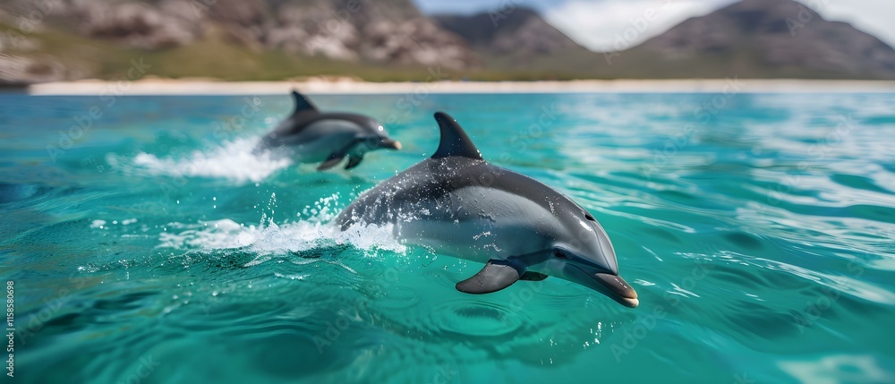 Naklejka premium Graceful Dolphins Swimming Together in Crystal Clear Turquoise Water Under Bright Blue Sky