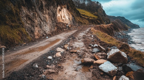 A rugged coastal road winds along the rocky shoreline. The path is surrounded by cliffs and the sea. Nature contrasts with the worn terrain. Generative AI. photo