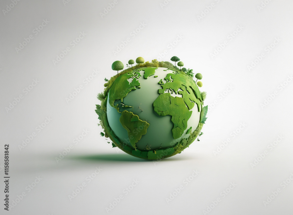 A stylized green Earth, rendered in a 3D cartoon style, sits on a light gray background. Lush green vegetation decorates its surface and surrounds it, suggesting environmental themes and sustainabilit A stylized green Earth, rendered in a 3D cartoon style, sits on a light gray background. Lush green vegetation decorates its surface and surrounds it, suggesting environmental themes and sustainabilit