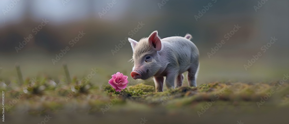 Adorable Baby Pig Sniffing a Pink Flower in a Serene Outdoor Setting Adorable Baby Pig Sniffing a Pink Flower in a Serene Outdoor Setting