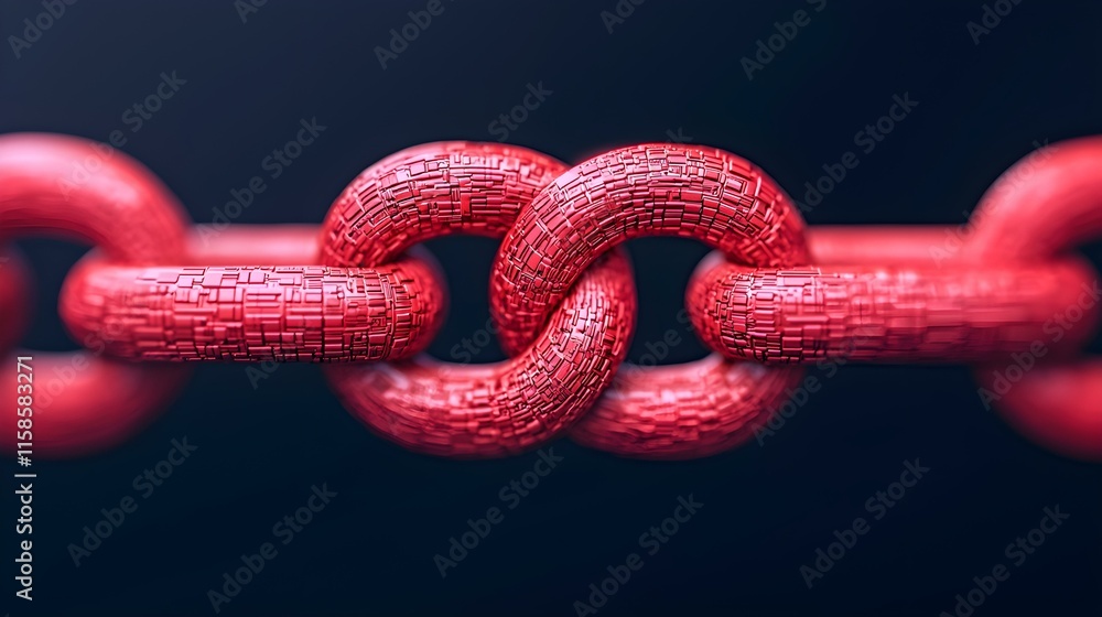 Close-up View of Interlocking Red Chains on a Dark Background Highlighting Strength and Connection Close-up View of Interlocking Red Chains on a Dark Background Highlighting Strength and Connection