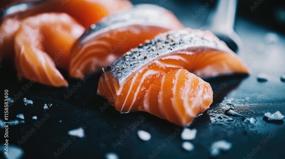 Fresh Salmon Fillet with Sea Salt and Black Pepper Close-Up Fresh Salmon Fillet with Sea Salt and Black Pepper Close-Up