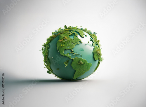 A stylized 3D model of Earth, showcasing continents with textured green landmasses and a teal ocean.  The globe is subtly textured, suggesting environmental themes. photo