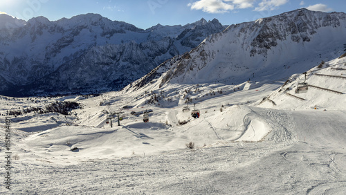 Passo del Tonale, Italy. Amazing view of the ski slopes and skiers. Italian Alps. Best ski resort