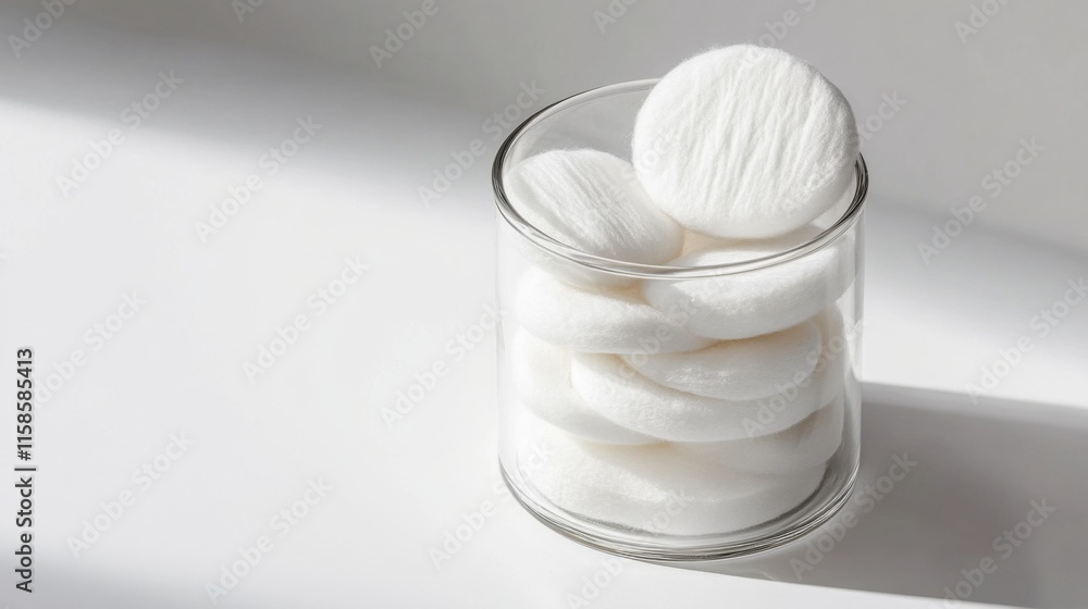 A clear glass container filled with round, white cotton pads. Perfectly stacked, they offer a minimalist aesthetic. Ideal for beauty routines and daily skincare. Generative AI A clear glass container filled with round, white cotton pads. Perfectly stacked, they offer a minimalist aesthetic. Ideal for beauty routines and daily skincare. Generative AI