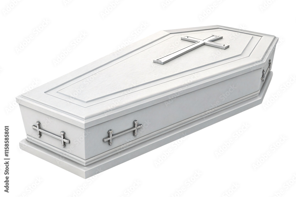 A classic white coffin featuring a raised cross on the lid, with intricate silver handles and decorative cross designs along the sides, isolated on a transparent background A classic white coffin featuring a raised cross on the lid, with intricate silver handles and decorative cross designs along the sides, isolated on a transparent background