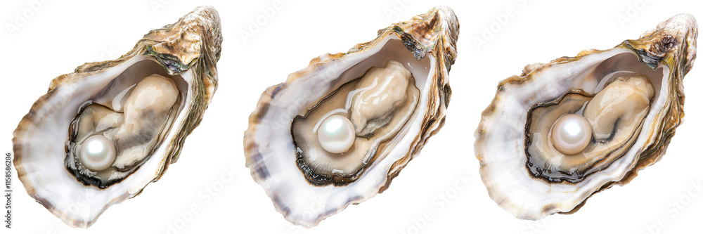 Three open oysters showcasing their inner structure and a visible pearl in each. Three open oysters showcasing their inner structure and a visible pearl in each.