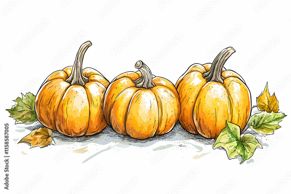 Three Vibrant Orange Pumpkins Surrounded by Green Leaves on a White Background for Autumn Harvest Themes