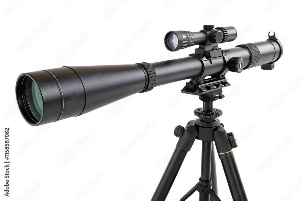 A professional black telescope mounted on a tripod, equipped with precision dials, delivering a sleek, futuristic design perfect for stargazing, isolated on a transparent background A professional black telescope mounted on a tripod, equipped with precision dials, delivering a sleek, futuristic design perfect for stargazing, isolated on a transparent background