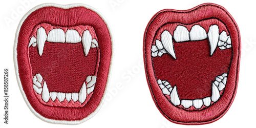 Two embroidered patches depicting open mouths with prominent fangs and sharp teeth, showcasing a vibrant red color.