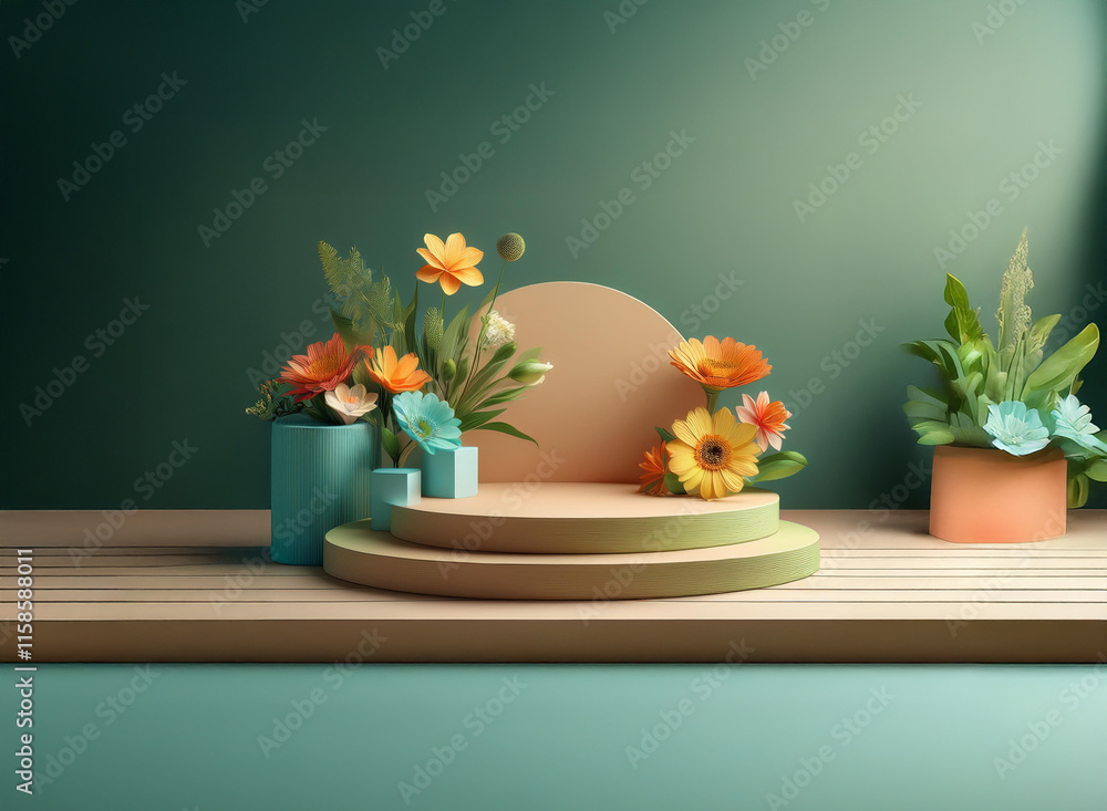 A pastel-toned, minimalist still life featuring a three-tiered display stand adorned with vibrant flowers in teal and orange vases against a deep green backdrop. The scene evokes serenity and spring. A pastel-toned, minimalist still life featuring a three-tiered display stand adorned with vibrant flowers in teal and orange vases against a deep green backdrop. The scene evokes serenity and spring.