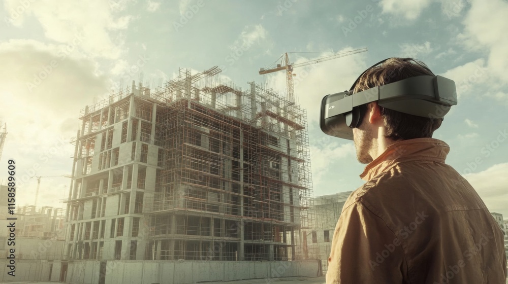 A person wearing virtual reality goggles observes a new building under construction in a bustling urban area. A person wearing virtual reality goggles observes a new building under construction in a bustling urban area.