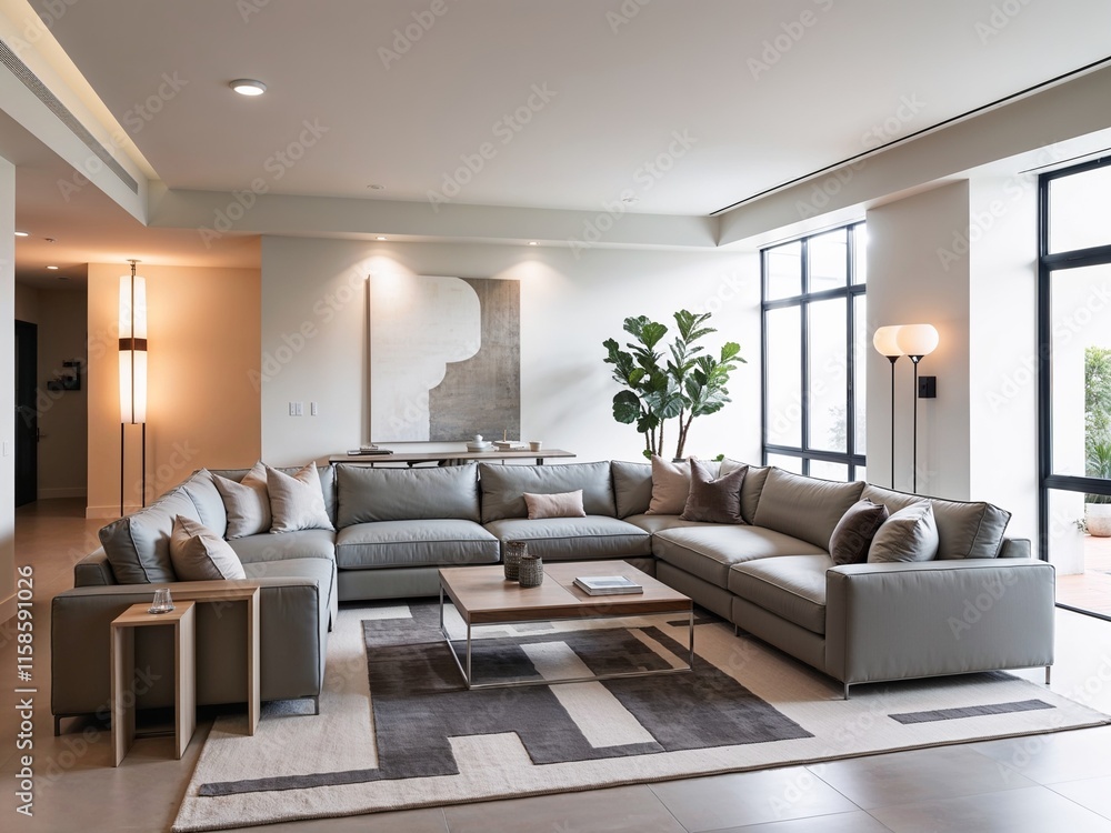 A stylish and contemporary living room with sleek, minimalist furniture and an open, airy layout. A stylish and contemporary living room with sleek, minimalist furniture and an open, airy layout.
