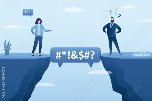 Business man and woman have troubles with understanding each other. Problems in communication concept. Public speaking, talking or discussion, speech. Unclean information