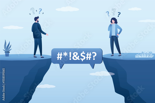 Business man and woman have troubles with understanding each other. Problems in communication concept. Public speaking, talking or discussion, speech. Unclean information.