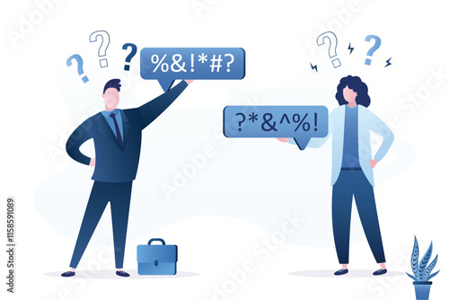 Dialogue between man and woman. People arguing having different opinion. Misunderstanding, conflict in family or business. Bad communication,