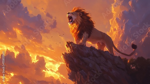 Majestic Lion Roaring at Sunset Atop a Rock photo