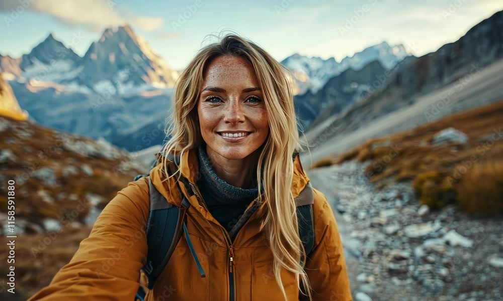 Smiling woman in orange jacket hiking through stunning mountainous landscape, embracing adventure and natures beauty while traveling outdoors. Smiling woman in orange jacket hiking through stunning mountainous landscape, embracing adventure and natures beauty while traveling outdoors.