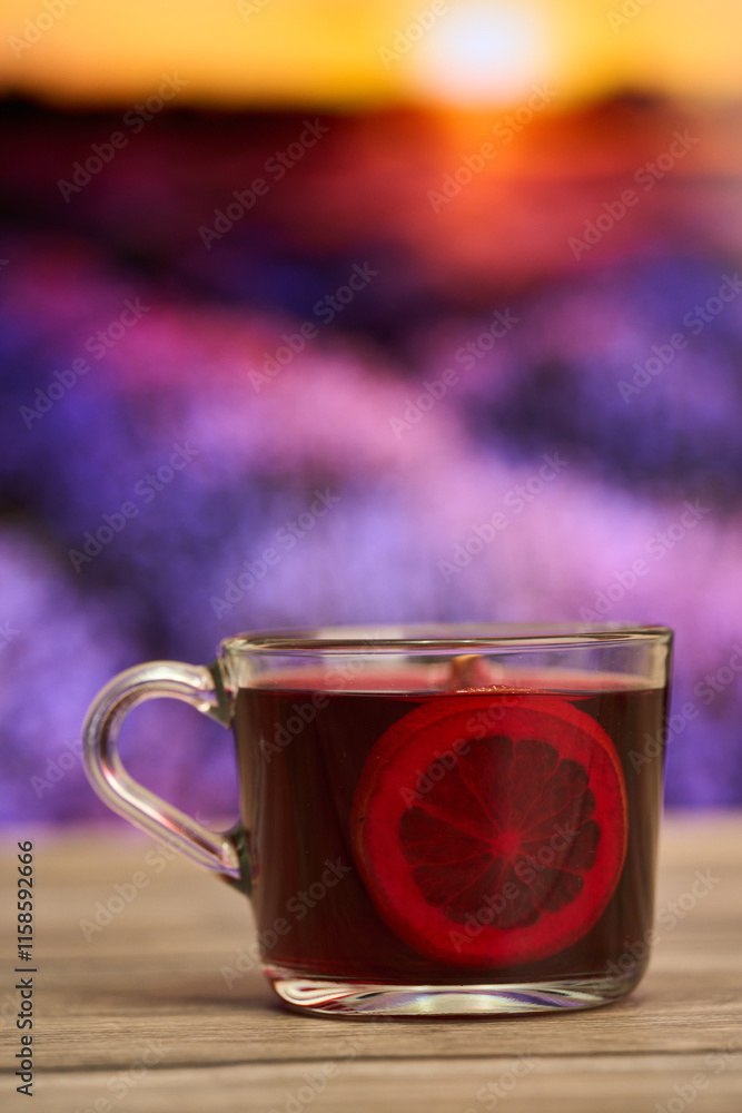Mulled wine by the lavender field at sunset Mulled wine by the lavender field at sunset